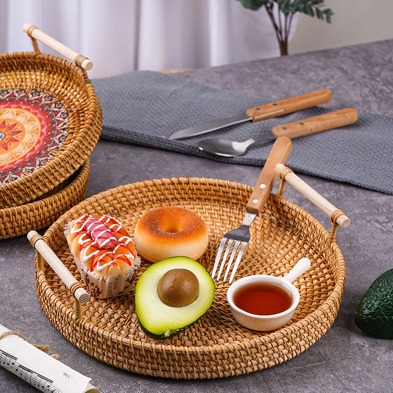 Vietnamese rattan tray rattan storage basket double ear bread fruit snack picnic tray desktop decoration