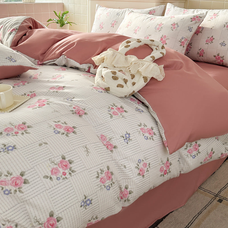 Double Gauze Four-Piece Set Jacquard Small Bamboo Cotton Three-Piece Set Student Dormitory INS Fresh Floral Bedding