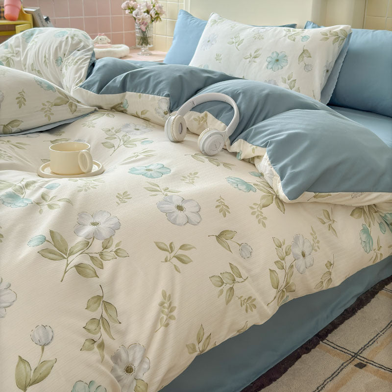 Double Gauze Four-Piece Set Jacquard Small Bamboo Cotton Three-Piece Set Student Dormitory INS Fresh Floral Bedding