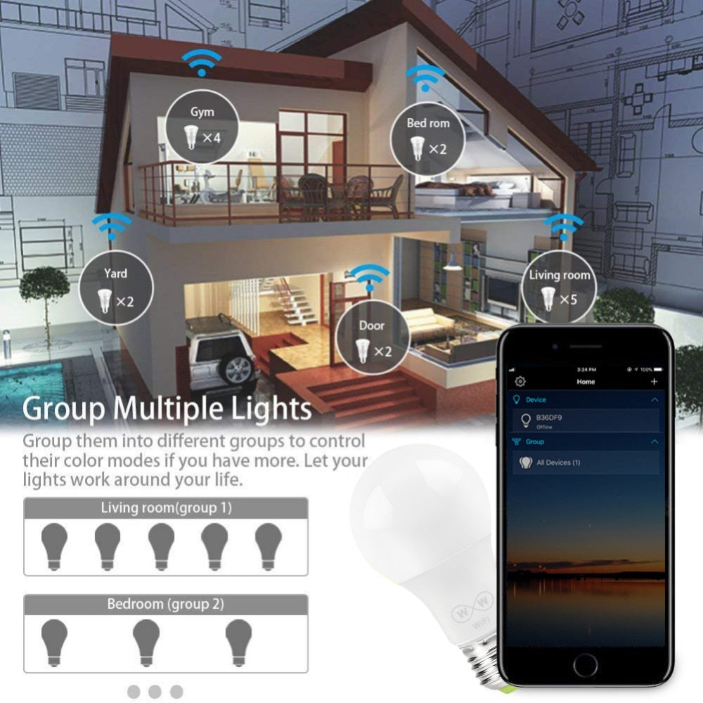 E27 WiFi Smart LED Light Bulbs Intellegent App Remote Control Bulbs Walk up Warn Lighting Work With Alexa Google Assistant