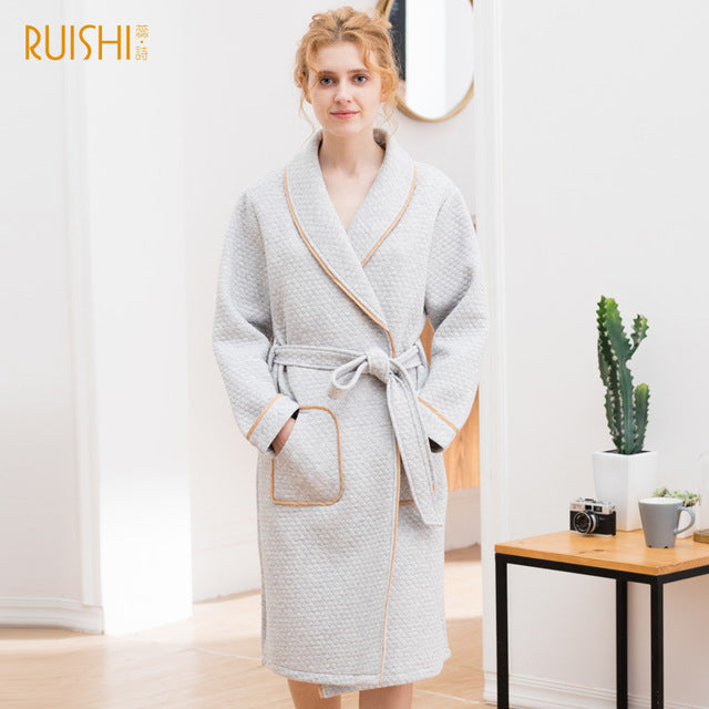 J&Q mall robe warm air cotton sandwich couple pajamas long sleeve drop shipping men and women bathrobe pure cotton nightgown