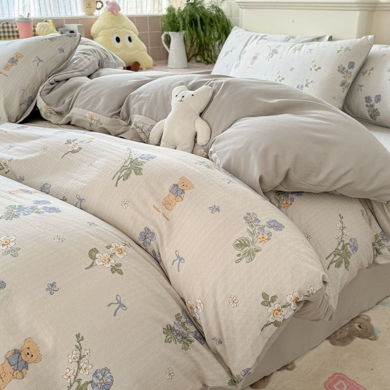 Double Gauze Four-Piece Set Jacquard Small Bamboo Cotton Three-Piece Set Student Dormitory INS Fresh Floral Bedding