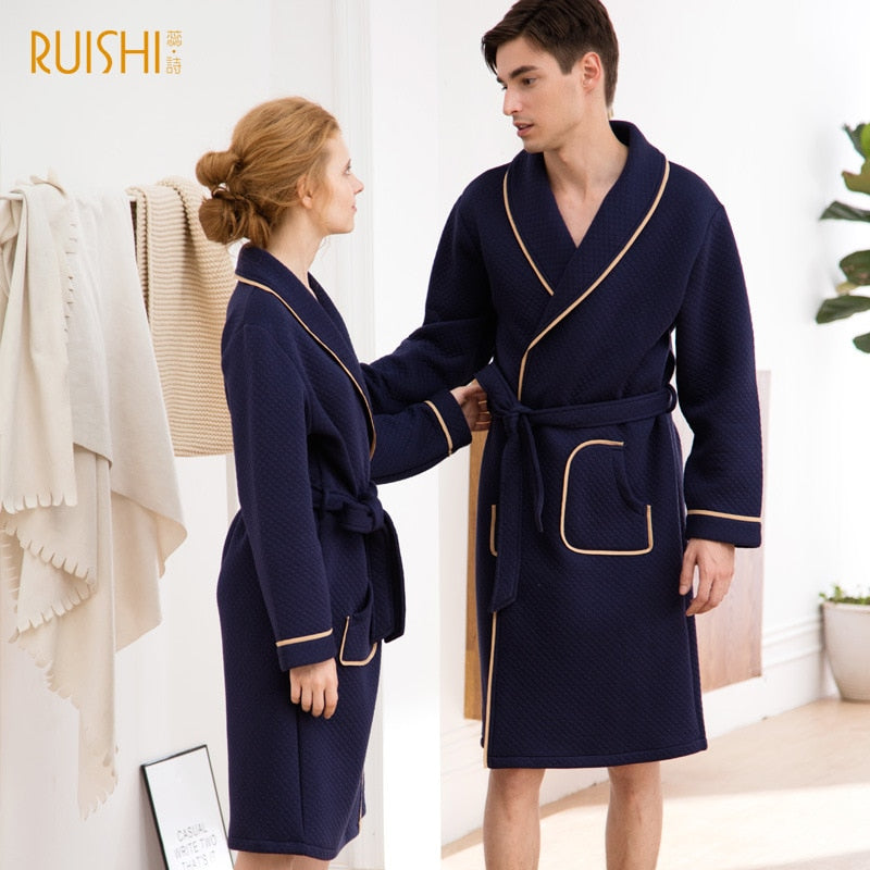 J&Q mall robe warm air cotton sandwich couple pajamas long sleeve drop shipping men and women bathrobe pure cotton nightgown