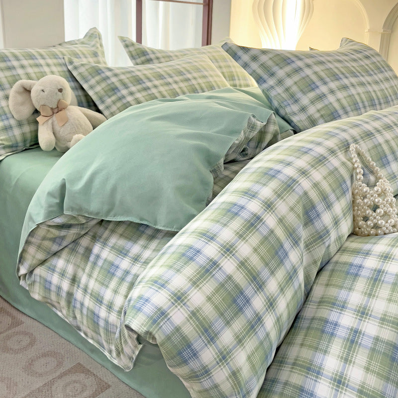 Minimalist Pure Water-Washed Cotton Bedding Set Flannel Grid Good Quality Fitted Sheet Version Student Dormitory Three-Piece Set