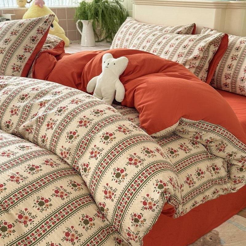 Double Gauze Four-Piece Set Jacquard Small Bamboo Cotton Three-Piece Set Student Dormitory INS Fresh Floral Bedding