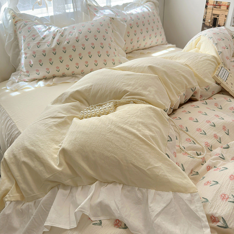 Skin friendly French romantic lace washed cotton printed bed bedding skirt four piece set of bed sheets bedsheet
