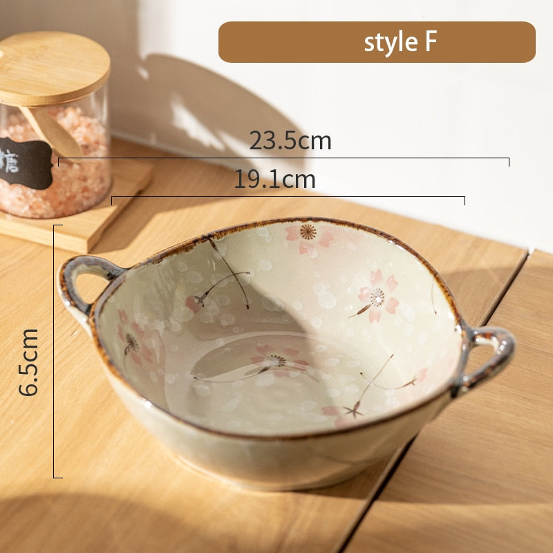 7.5inch Japanese Household Noodle Bowl Ceramic Soup Bowl With Handle Salad Pasta Bowl Kitchen Tableware Microwave Oven Bakware