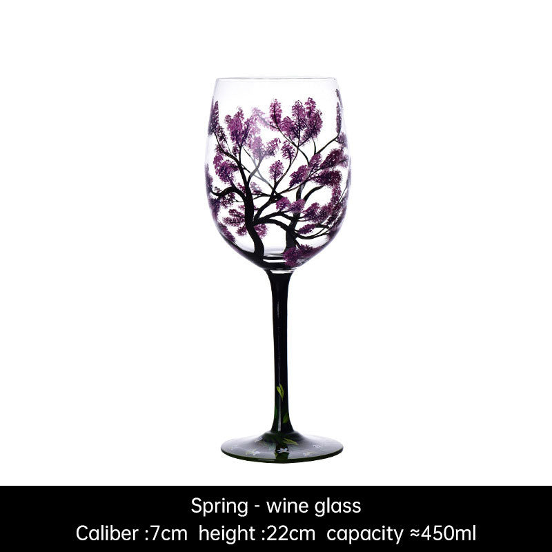Light luxury ins crystal glass wine glass hand-painted household goblet four seasons painted wine glass