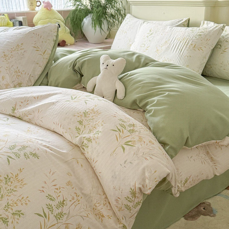 Double Gauze Four-Piece Set Jacquard Small Bamboo Cotton Three-Piece Set Student Dormitory INS Fresh Floral Bedding
