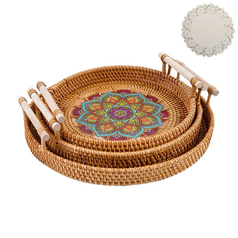 Vietnamese rattan tray rattan storage basket double ear bread fruit snack picnic tray desktop decoration