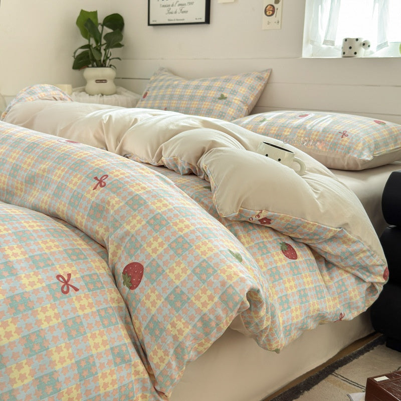 Double Gauze Four-Piece Set Jacquard Small Bamboo Cotton Three-Piece Set Student Dormitory INS Fresh Floral Bedding