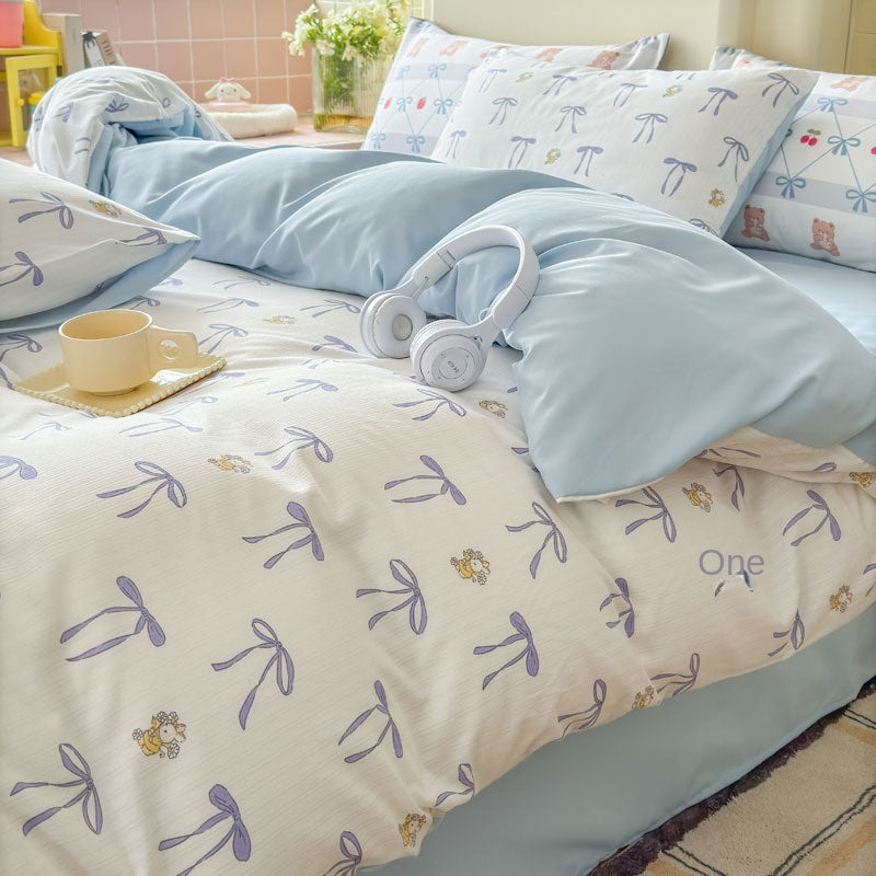 Double Gauze Four-Piece Set Jacquard Small Bamboo Cotton Three-Piece Set Student Dormitory INS Fresh Floral Bedding