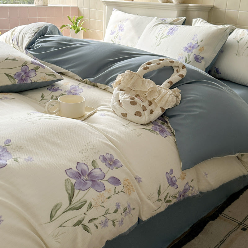 Double Gauze Four-Piece Set Jacquard Small Bamboo Cotton Three-Piece Set Student Dormitory INS Fresh Floral Bedding