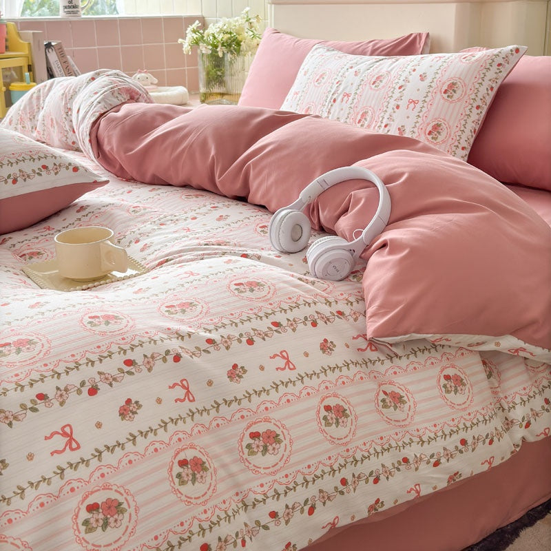 Double Gauze Four-Piece Set Jacquard Small Bamboo Cotton Three-Piece Set Student Dormitory INS Fresh Floral Bedding