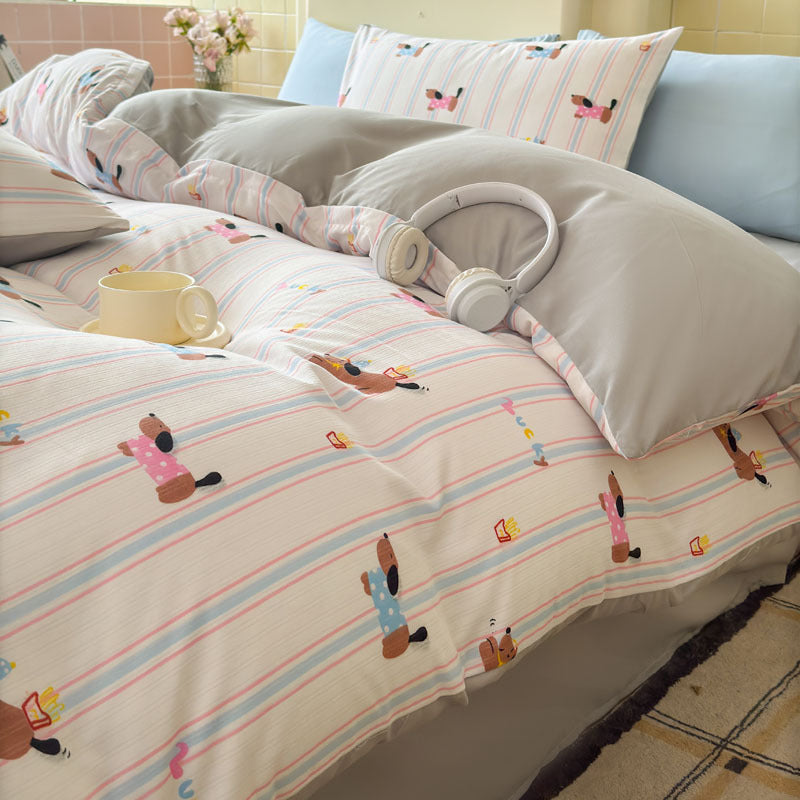 Double Gauze Four-Piece Set Jacquard Small Bamboo Cotton Three-Piece Set Student Dormitory INS Fresh Floral Bedding