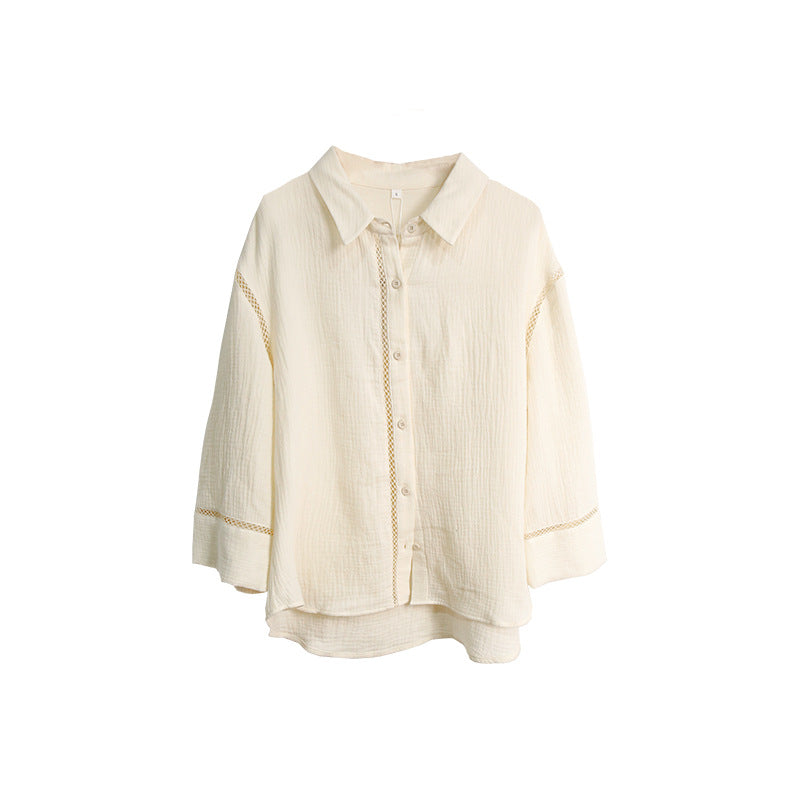 Cross-border Style Women's White Pure Cotton Wrinkle Fabric Long Sleeve Summer Skin-friendly Home Wear Loose Turn-down Collar Shirt