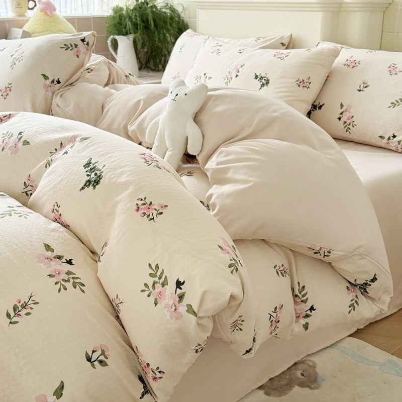 Double Gauze Four-Piece Set Jacquard Small Bamboo Cotton Three-Piece Set Student Dormitory INS Fresh Floral Bedding