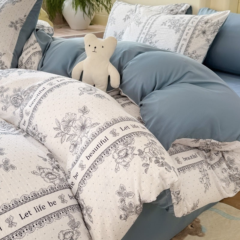 Double Gauze Four-Piece Set Jacquard Small Bamboo Cotton Three-Piece Set Student Dormitory INS Fresh Floral Bedding