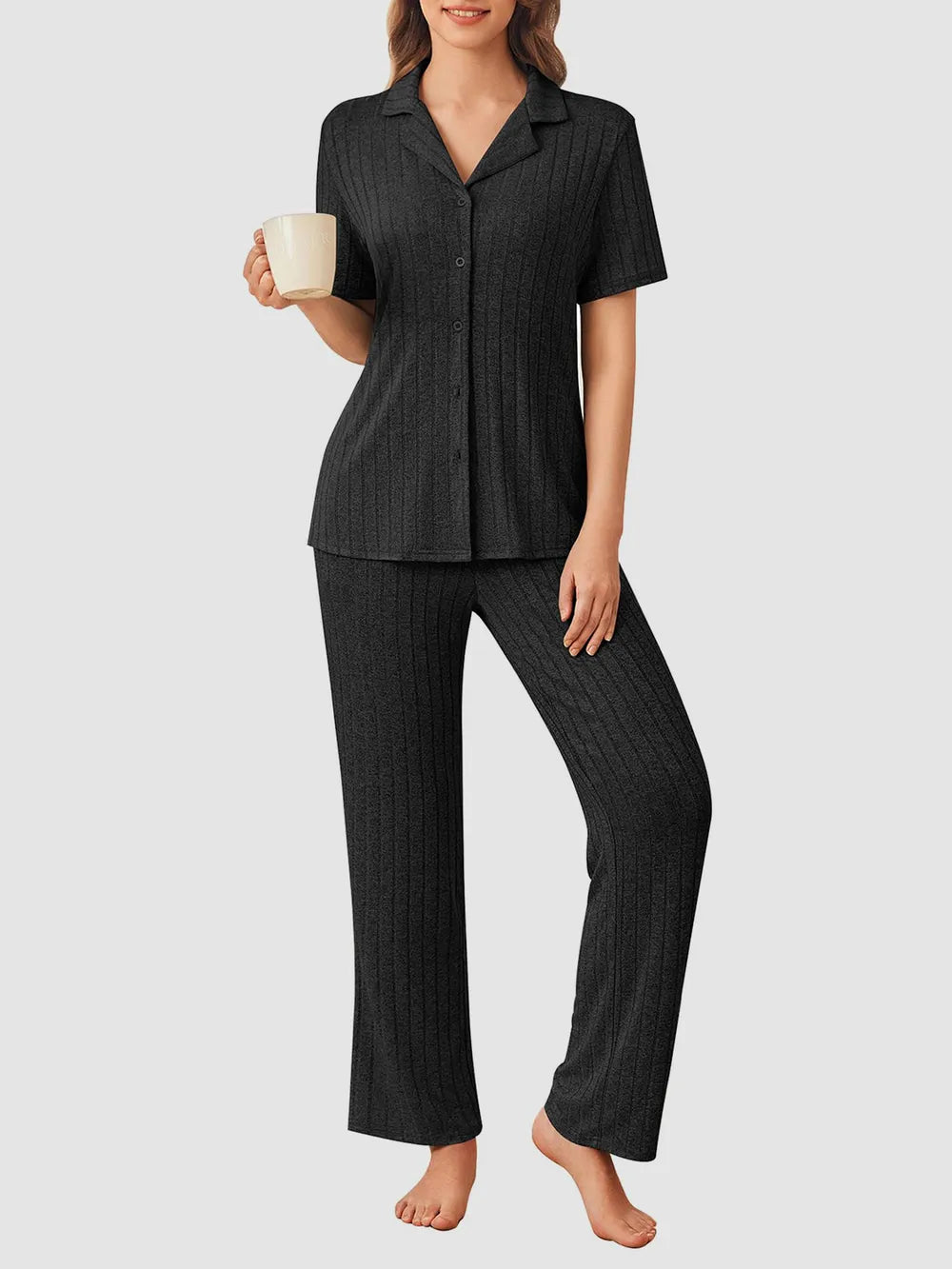 Flower yarn cardigan lapel pajamas home suit set