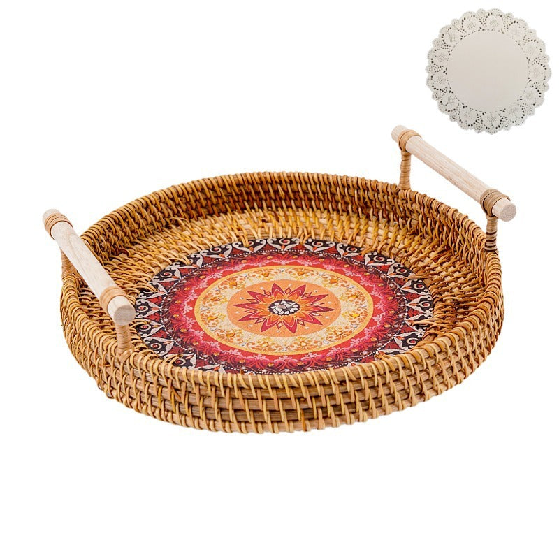 Vietnamese rattan tray rattan storage basket double ear bread fruit snack picnic tray desktop decoration