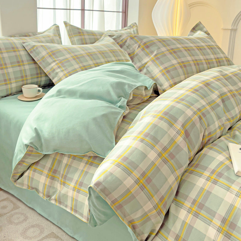 Minimalist Pure Water-Washed Cotton Bedding Set Flannel Grid Good Quality Fitted Sheet Version Student Dormitory Three-Piece Set