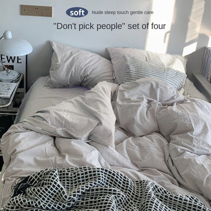 Solid Color Simple Four-Piece Set Flannel Quilt Cover INS Style Quilt Cover Dormitory Summer Washed Cotton Bedding Three-Piece Set