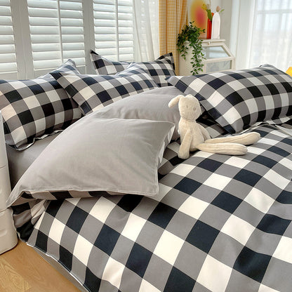 Minimalist Pure Water-Washed Cotton Bedding Set Flannel Grid Good Quality Fitted Sheet Version Student Dormitory Three-Piece Set