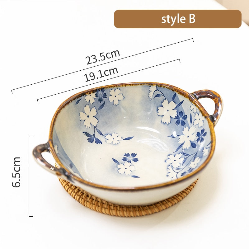 7.5inch Japanese Household Noodle Bowl Ceramic Soup Bowl With Handle Salad Pasta Bowl Kitchen Tableware Microwave Oven Bakware