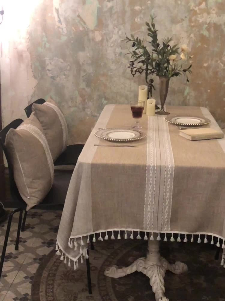 Nordic Christmas Table Cloth Hollow Tassel Table Cloth Solid Color Long Stripe Jacquard Table Cloth Tea Table Mat Cotton Linen