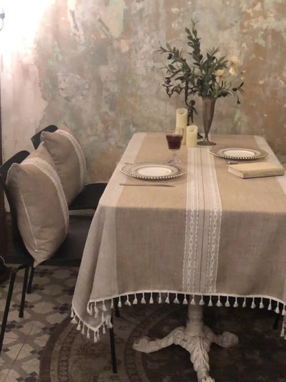 Nordic Christmas Table Cloth Hollow Tassel Table Cloth Solid Color Long Stripe Jacquard Table Cloth Tea Table Mat Cotton Linen