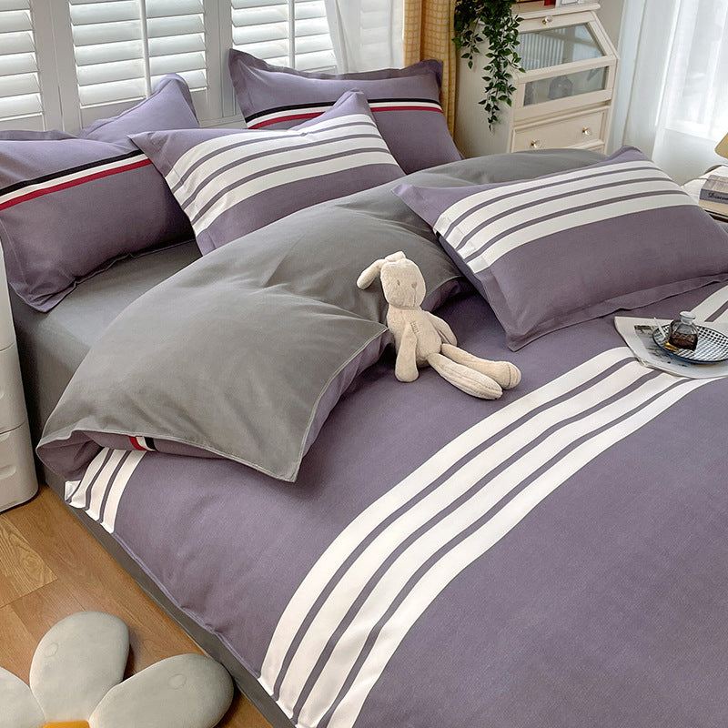 Minimalist Pure Water-Washed Cotton Bedding Set Flannel Grid Good Quality Fitted Sheet Version Student Dormitory Three-Piece Set