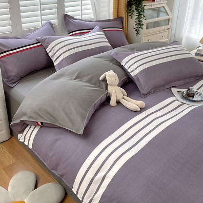Minimalist Pure Water-Washed Cotton Bedding Set Flannel Grid Good Quality Fitted Sheet Version Student Dormitory Three-Piece Set