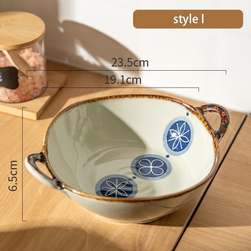 7.5inch Japanese Household Noodle Bowl Ceramic Soup Bowl With Handle Salad Pasta Bowl Kitchen Tableware Microwave Oven Bakware