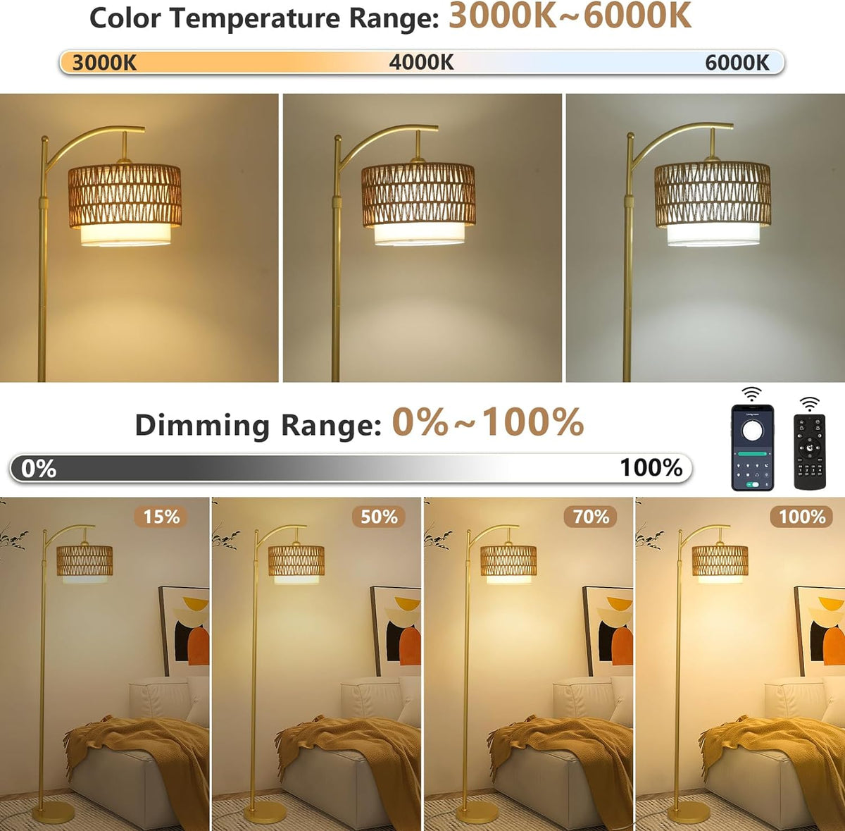 Gold Arc Floor Lamp with Rattan Shade