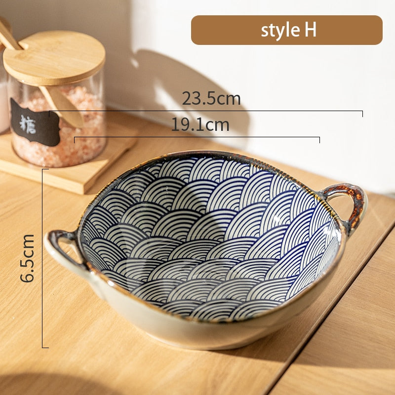 7.5inch Japanese Household Noodle Bowl Ceramic Soup Bowl With Handle Salad Pasta Bowl Kitchen Tableware Microwave Oven Bakware
