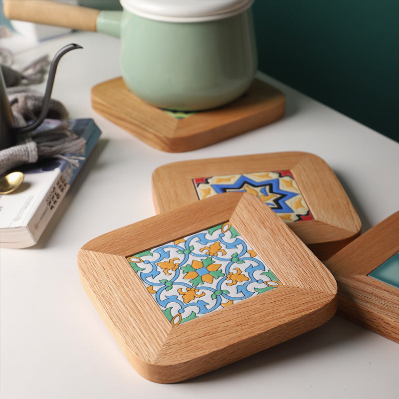 Japanese Style Oak Tile Plate Mat Pot Mat Creative Solid Wood Insulation Mat Pastoral Style Dining Table Anti-Scalding Wooden Mat