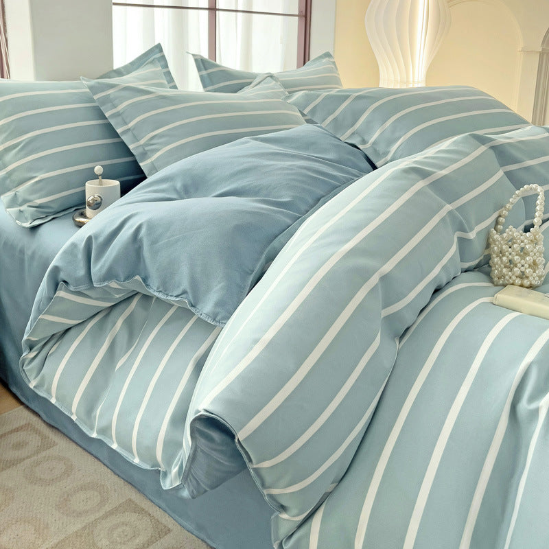 Minimalist Pure Water-Washed Cotton Bedding Set Flannel Grid Good Quality Fitted Sheet Version Student Dormitory Three-Piece Set
