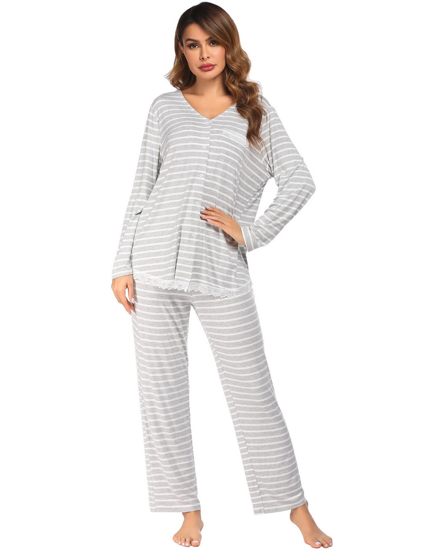 Women's Set Long Sleeve Long Pants Home Sleepwear Lace Splicing Homewear Pajama Set