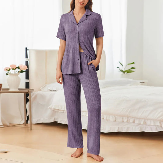 Flower yarn cardigan lapel pajamas home suit set