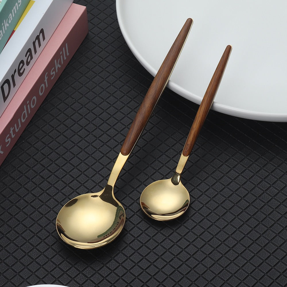 Stainless Steel Imitation Wooden Handle Knife, Fork, Spoon, Clamp Handle, Spoon, Portuguese Vintage Wood Grain Tableware Set