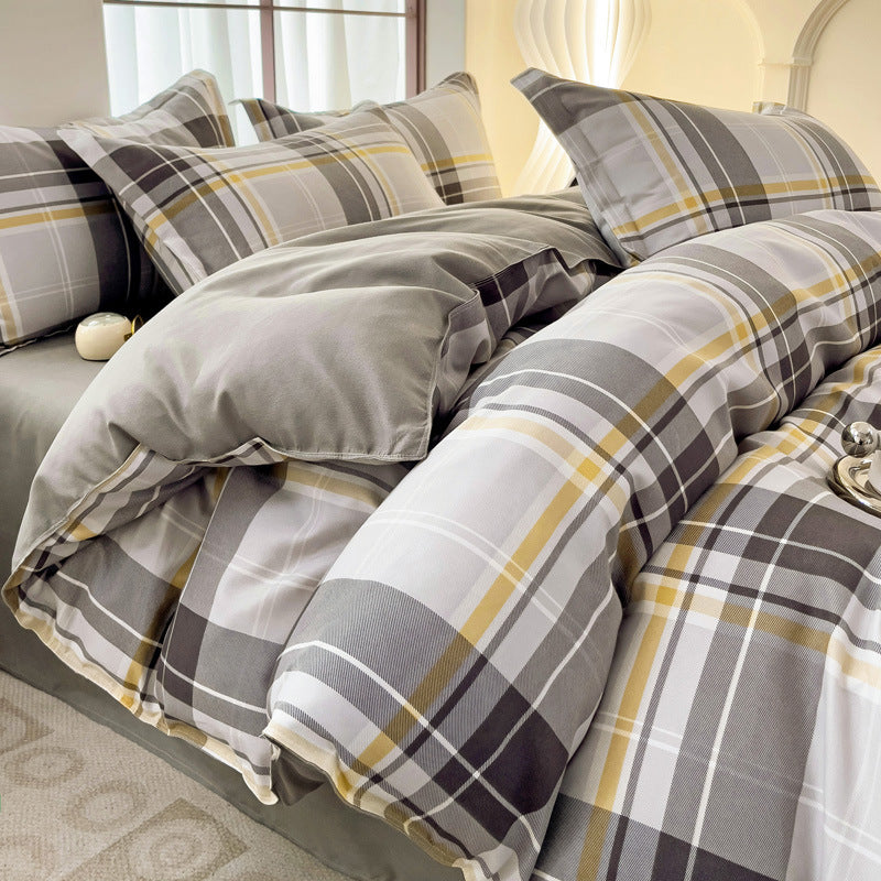 Minimalist Pure Water-Washed Cotton Bedding Set Flannel Grid Good Quality Fitted Sheet Version Student Dormitory Three-Piece Set