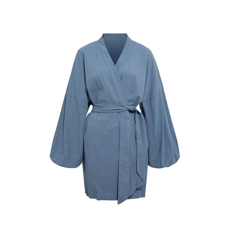 Double Layered Gauze Pure Cotton Bathrobe Simple Leisure Short Length Robe Comfortable Open Front Cardigan