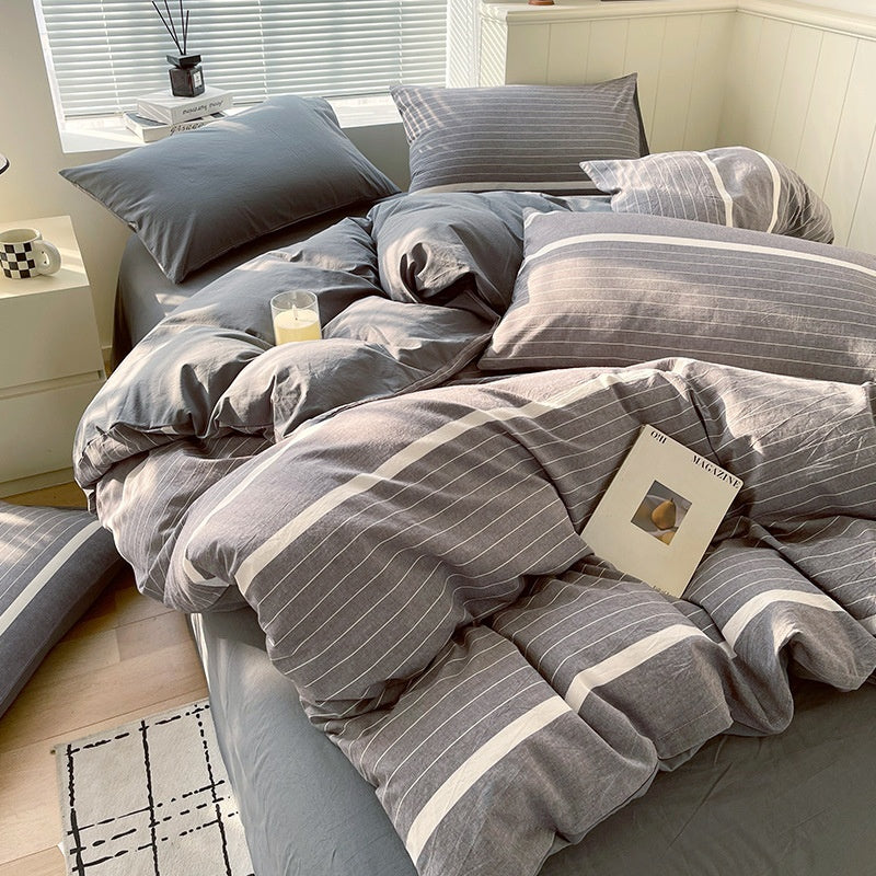 Cotton Dyed Washed Cotton Bedding Set Pure Cotton A Class Flat Sheet Quilt Cover Fitted Sheet Quilt Cover Three-Piece Set Striped