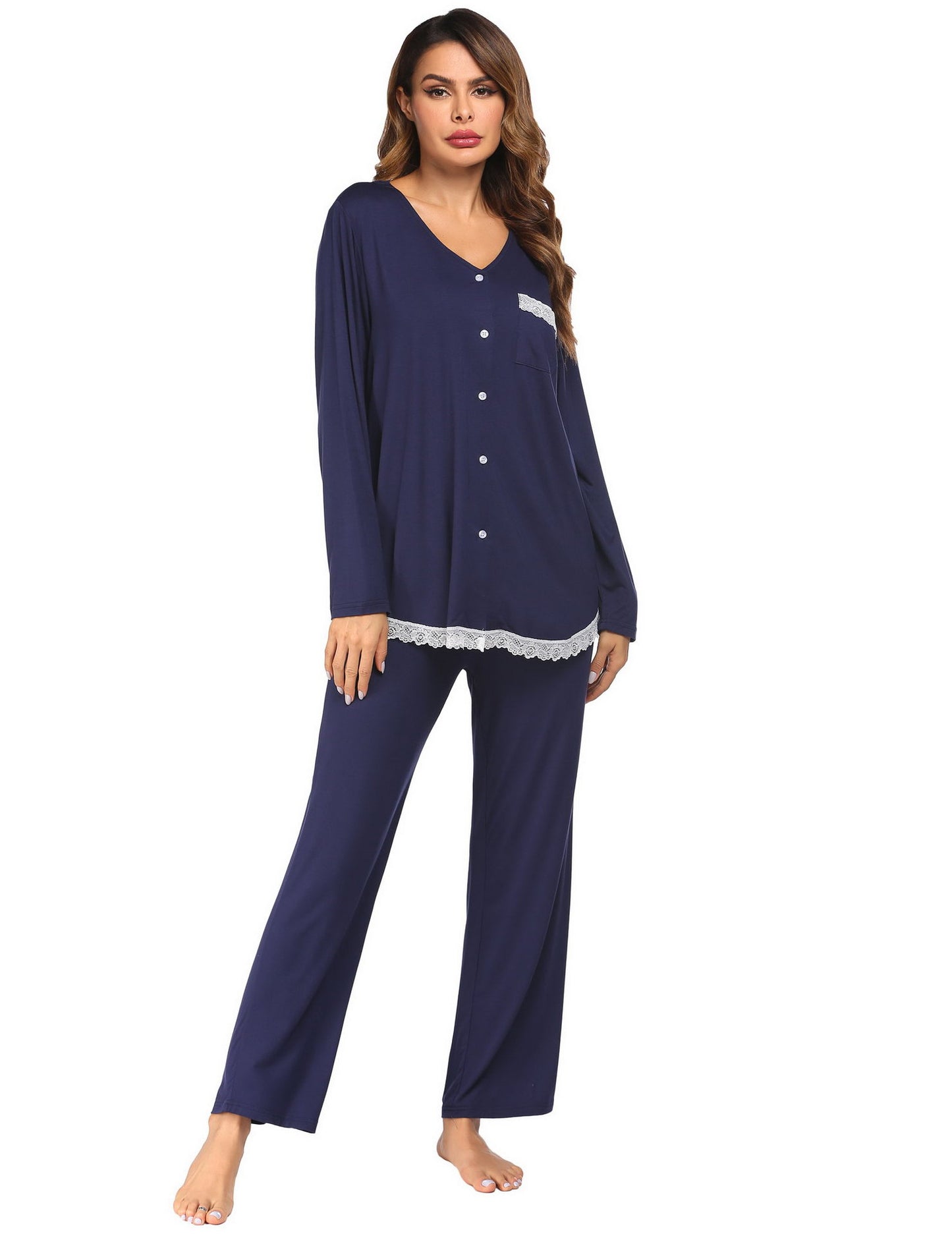 Women's Set Long Sleeve Long Pants Home Sleepwear Lace Splicing Homewear Pajama Set