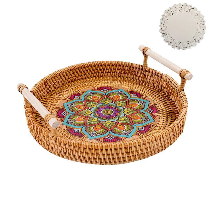 Vietnamese rattan tray rattan storage basket double ear bread fruit snack picnic tray desktop decoration