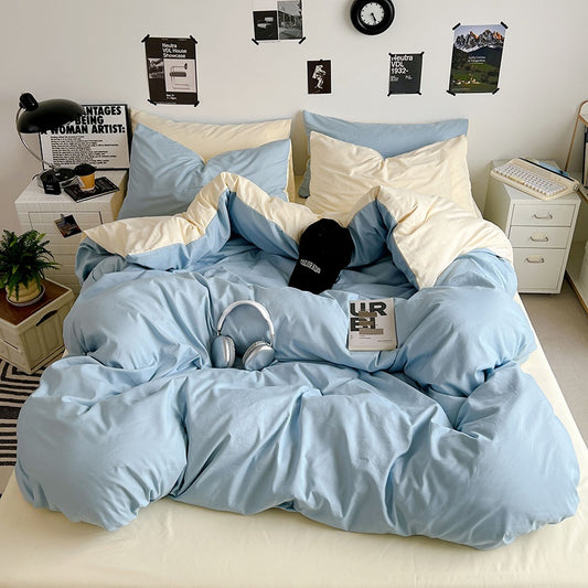 Washed Cotton Solid Color Double Spliced Four-Piece Bedding Set - Sheet, Quilt Cover, Pillowcases for Employee and Dormitory Use