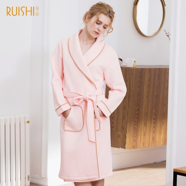 J&Q mall robe warm air cotton sandwich couple pajamas long sleeve drop shipping men and women bathrobe pure cotton nightgown