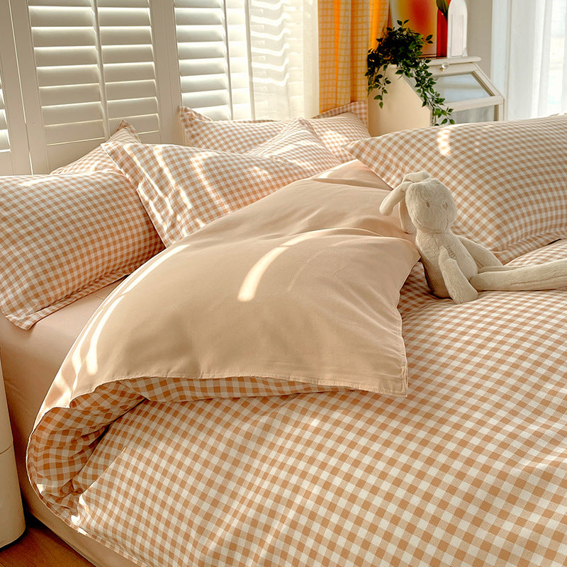 Minimalist Pure Water-Washed Cotton Bedding Set Flannel Grid Good Quality Fitted Sheet Version Student Dormitory Three-Piece Set