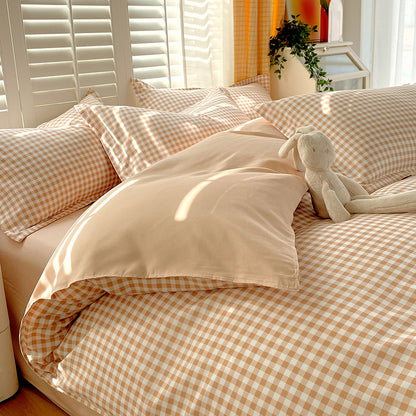 Minimalist Pure Water-Washed Cotton Bedding Set Flannel Grid Good Quality Fitted Sheet Version Student Dormitory Three-Piece Set