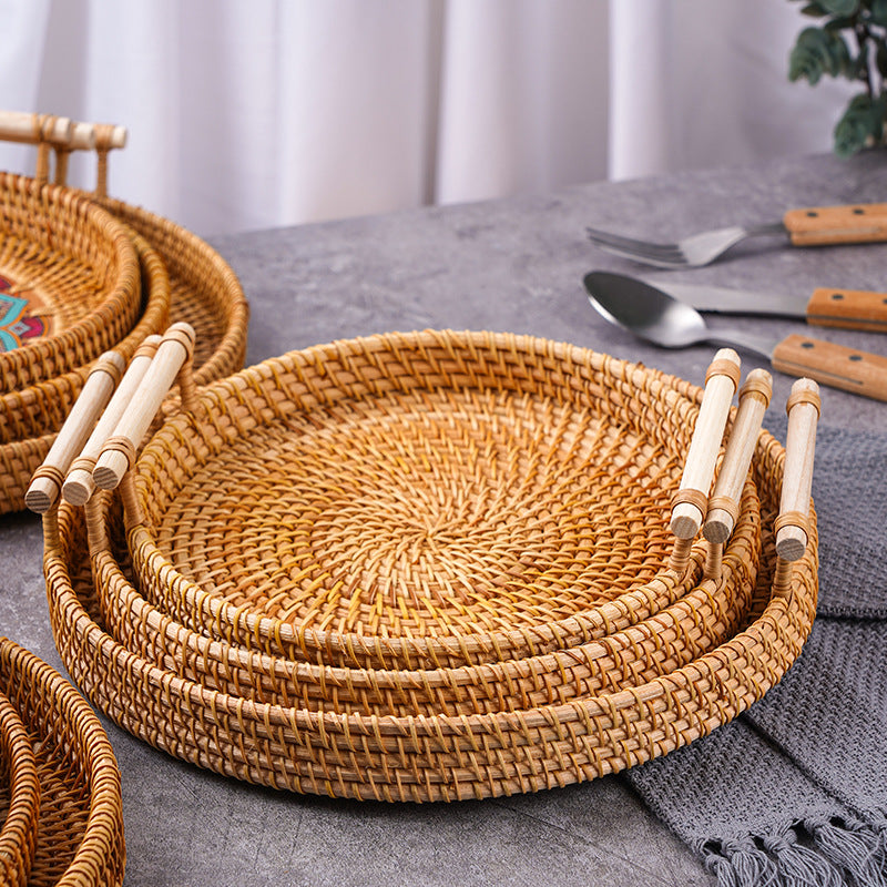 Vietnamese rattan tray rattan storage basket double ear bread fruit snack picnic tray desktop decoration